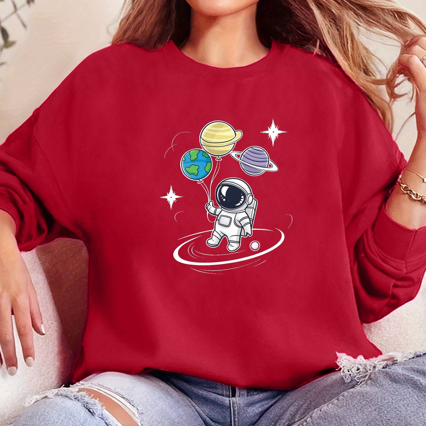 Damen Pullover mit Astronaut und Planeten-Luftballons