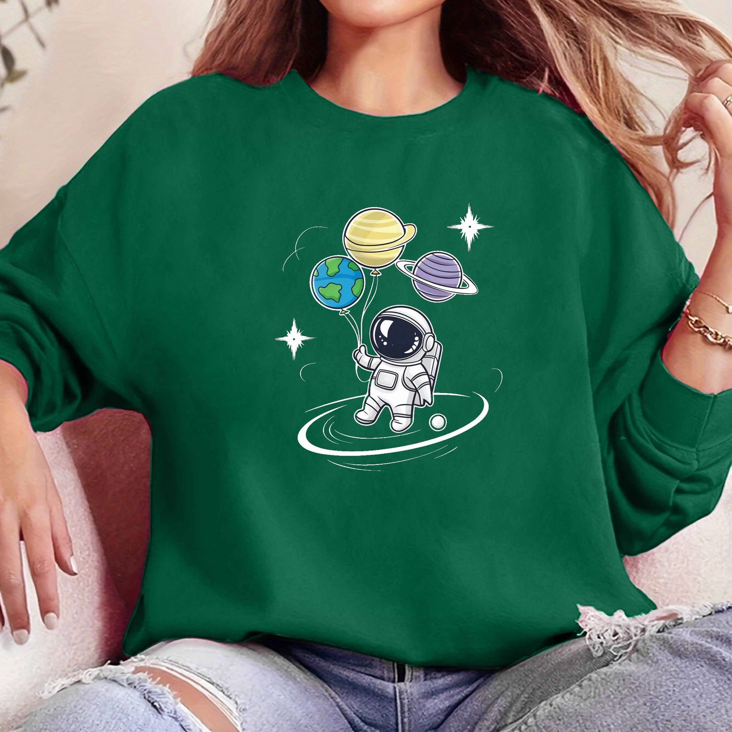 Damen Pullover mit Astronaut und Planeten-Luftballons