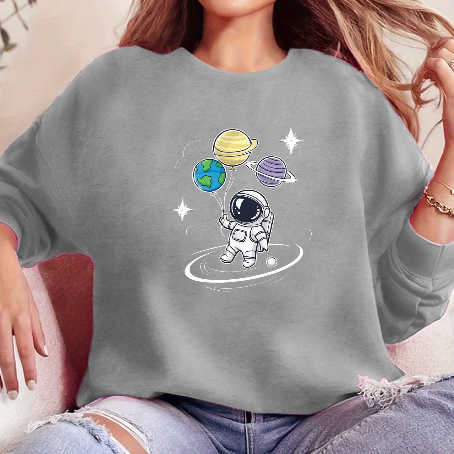 Damen Pullover mit Astronaut und Planeten-Luftballons